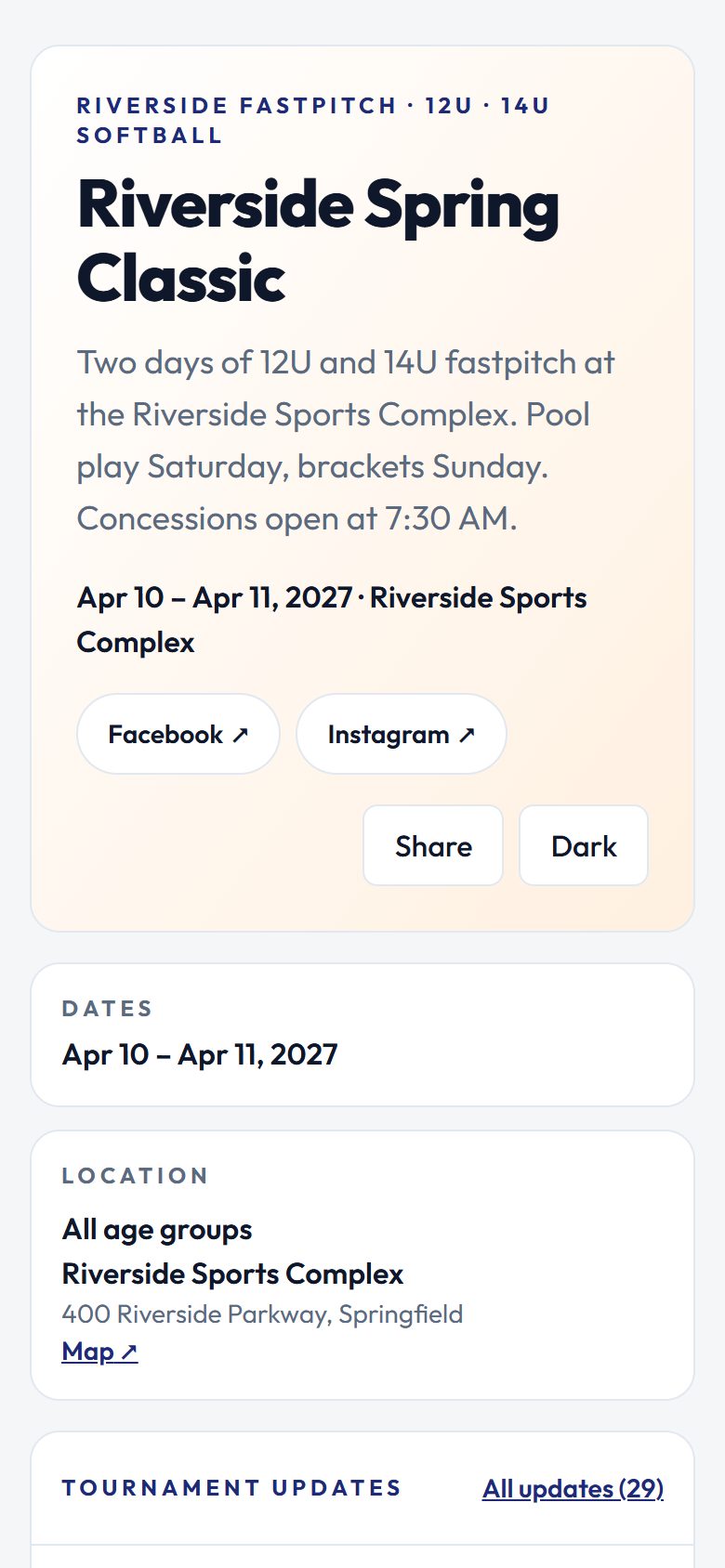 The same live tournament page on a phone.